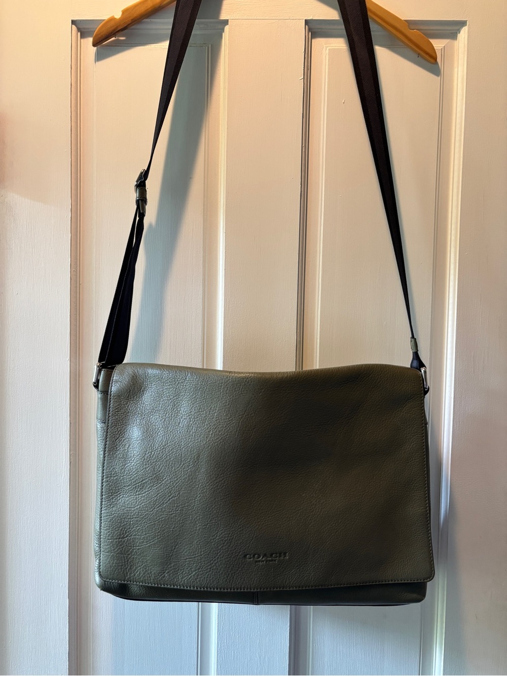 Coach Olive Green Leather Messenger Bag with Navy Strap